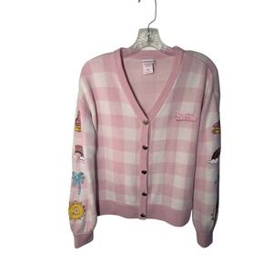 Barbie The Movie Pink Cardigan Sweater Size Small Gingham Heart Buttons